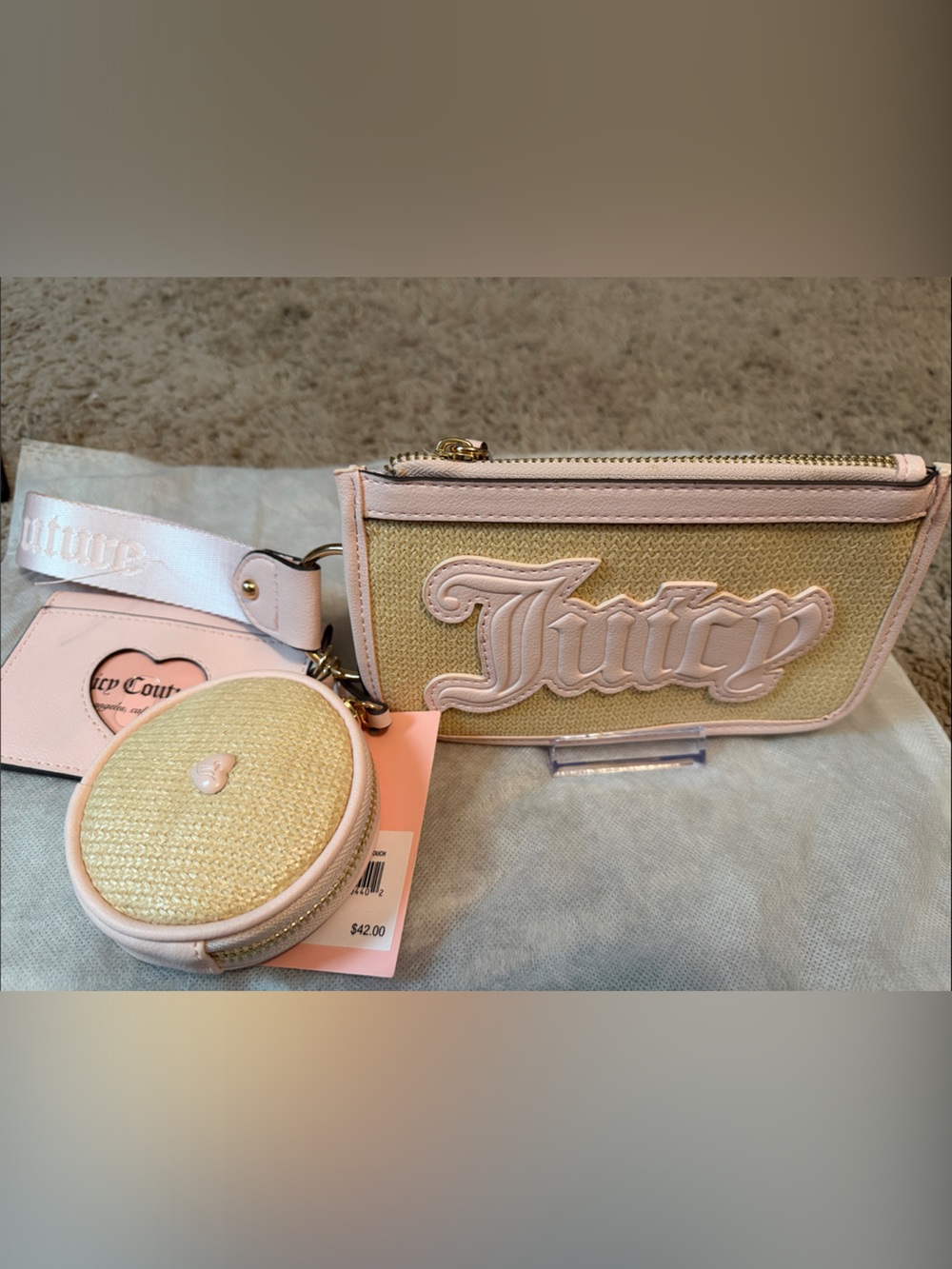 Juicy Couture Pink and Natural Straw Wristlet Clutch with Coin Pouch